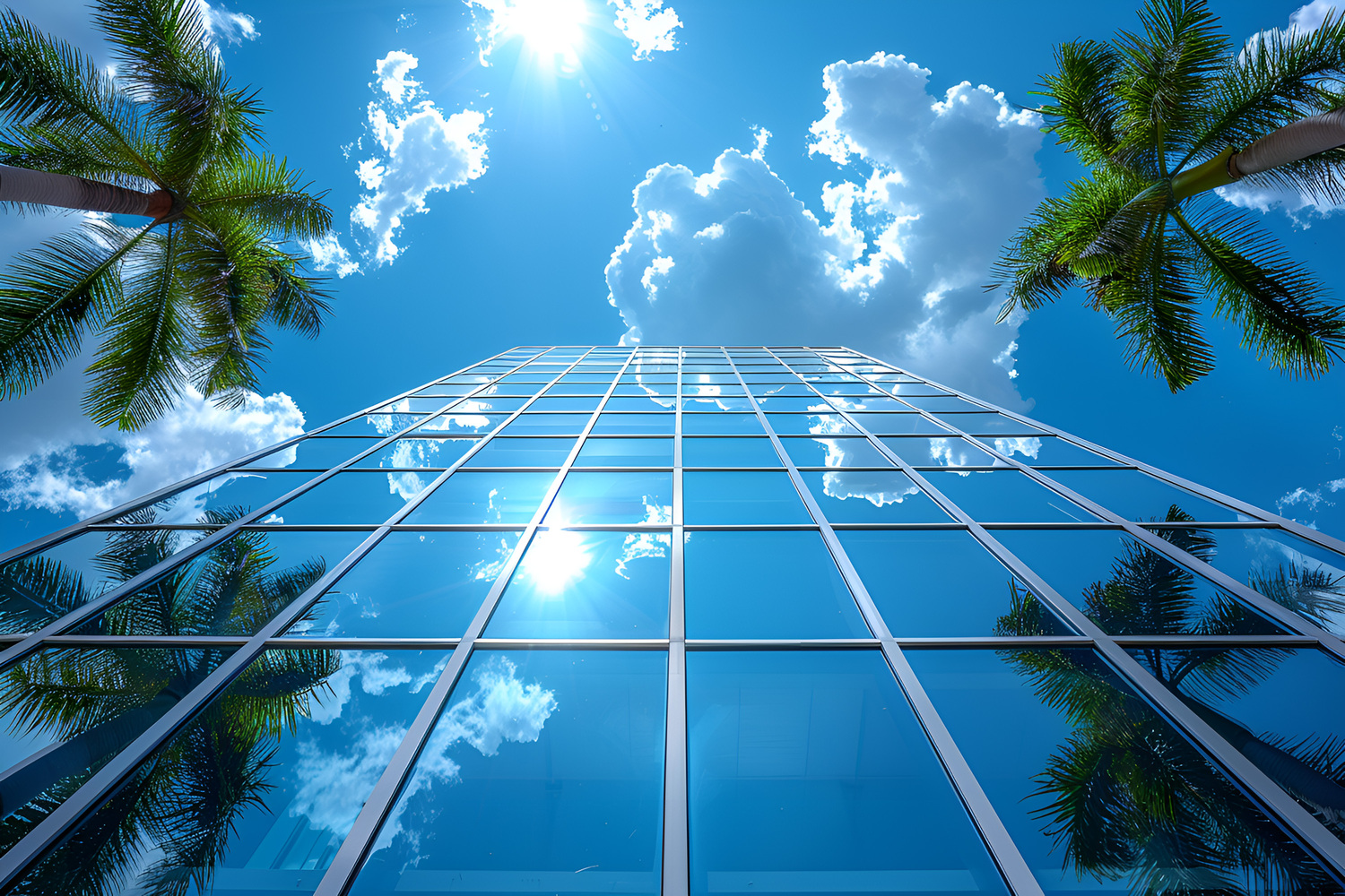 Modern glass office building under a clear blue sky
